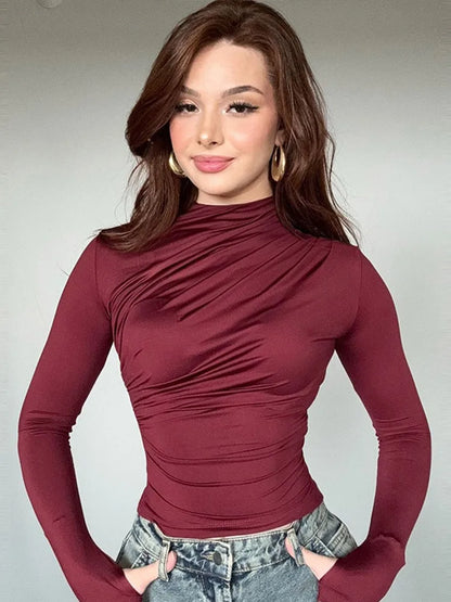 Turtleneck Women Tees Sexy Slim Long Sleeve Pleated All-match Basic Lady T-shirts Spring Autumn Fashion Chic Female Top 2025.