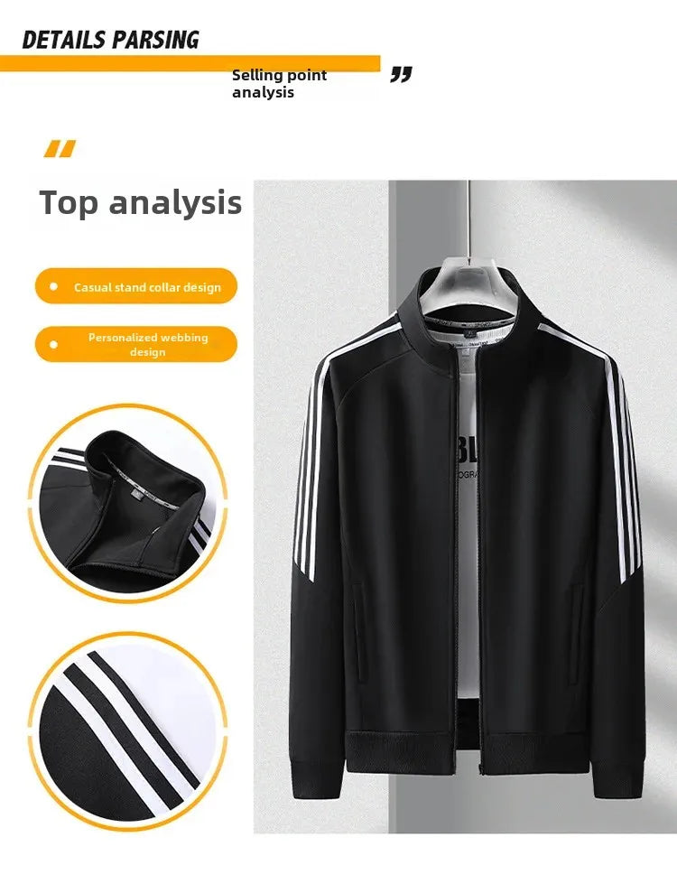 New Casual Men's Sport Suit Striped Ankle-Length Cotton Stand Collar Jacket With Three Buttonts Slim Fit Pants 2-Piece Set.