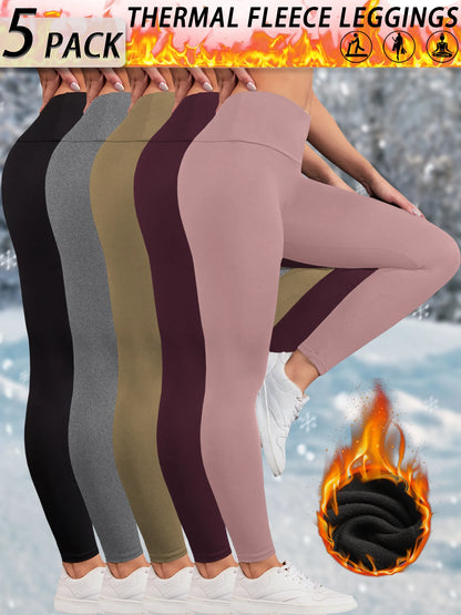 5 Pack Womens Thermal Fleece Lined High Waisted Leggings Workout Winter Warm Thick Tights Soft Yoga Pants.