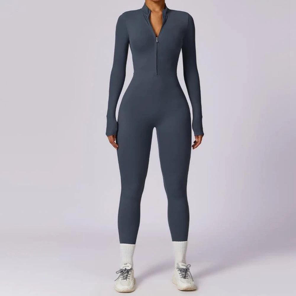 Womens Jumpsuits Long Sleeve Yoga Slim Fit Stretch One Piece Romper Sexy Fitness Female Basic Sportwears Tight Zipper Ladies