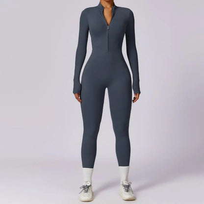 Womens Jumpsuits Long Sleeve Yoga Slim Fit Stretch One Piece Romper Sexy Fitness Female Basic Sportwears Tight Zipper Ladies