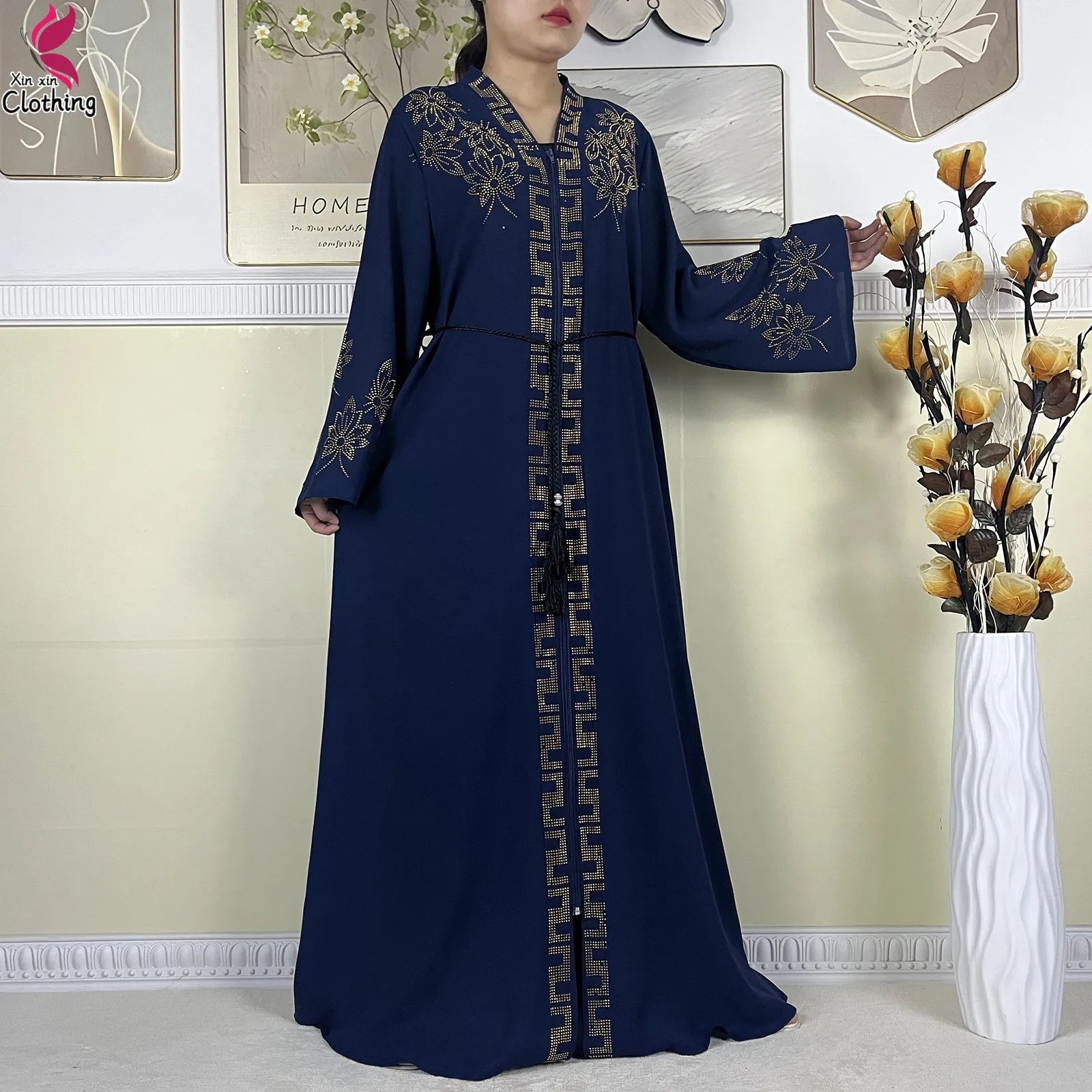New Muslim Abayas For Women Long Sleeved Dress Dubai Lady Elegant Long Dress Islam Clothing African Abaya Loose Robe With Turban.