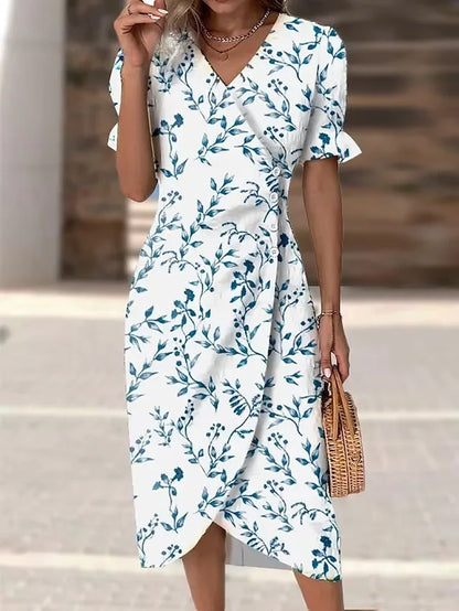 Elegante Blumen Plissee H-förmigen Midi Kleid Weibliche V-ausschnitt Puff Sleeve Taille Geraffte Taste Kleider Frauen Sommer Kleid Robe.