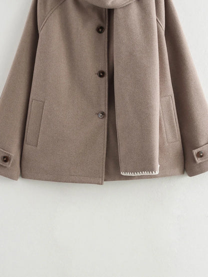 Women Fashion Brown Scarf Coat Jacket Loose Long Sleeve Single Breasted Pocket Jacket Fall/Winter Casual Wool Blend Jacket