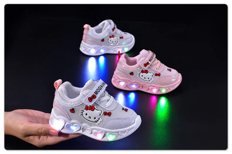 Kids'Casual Shoes Girls Led Light Cartoon PU Leather Fashion Sport Flat Bottom Shoes Breathable White Pink Size 21-30.