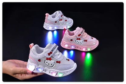 Kids'Casual Shoes Girls Led Light Cartoon PU Leather Fashion Sport Flat Bottom Shoes Breathable White Pink Size 21-30.