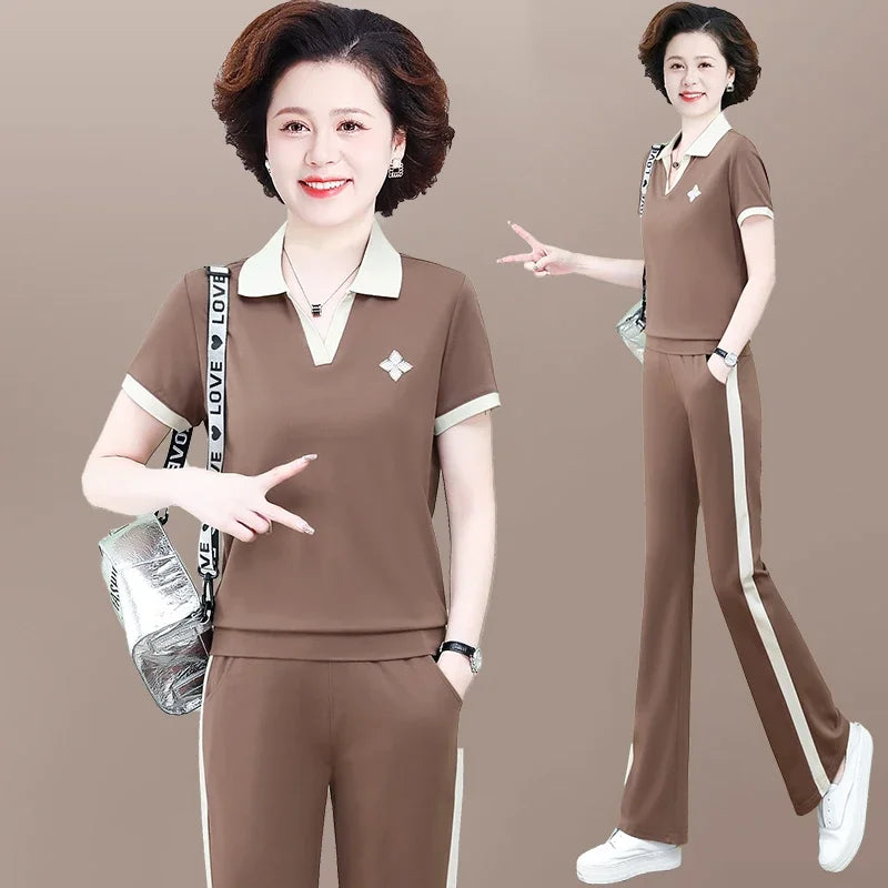 Casual Breathable Short Sleeve Sportswear Set for Middle-Aged Mothers Fashionable Summer Clothing Grandmother Style.