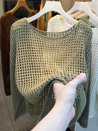 2025 Mesh Vintage Harajuku Langarm Frauen Pullover Koreanische Frühling Sommer Strickwaren Weiche Dünne Tops Chic Solide Femme Pullover