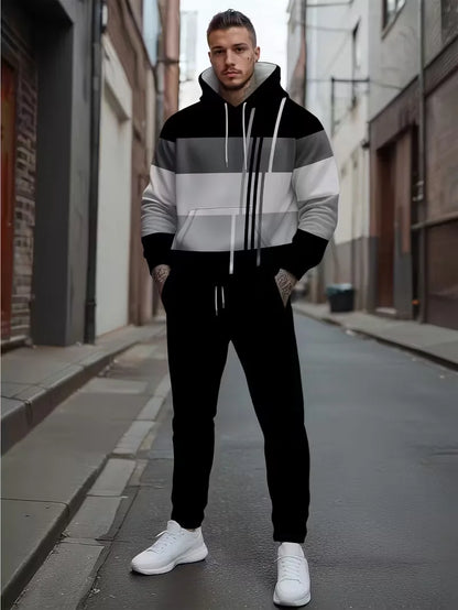 Autumn and Winter Casual Men's Sweatshirt Sets Fashion Striped Print Hoodies and Pants 2 Piece Outfit Outdoor Loose Sports Suit.