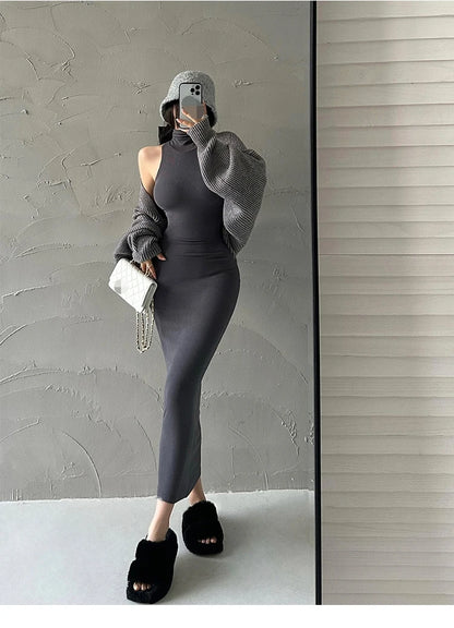 Rot Dünne Sexy Rollkragen Midi Kleid Frauen Abend Party Damen Elastische Hüfte Wrap Elegante Bodycon Kleider Y2k Kleidung