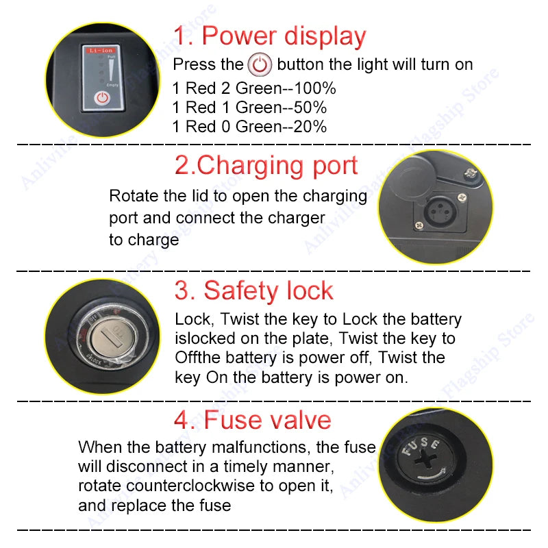 Silver Fish 36V/48V/52V/60V 10Ah 12Ah 15Ah 20A removable Lithium battery pack built-in BMS For 250W-1800W Folding E-two wheeler.