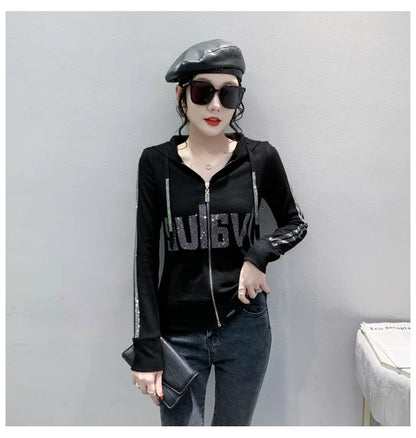 #7937Black Grey Women Hoodies Sweatshirt Tops Pullovers Diamonds Letters Slim Streetwear Short Hoodies Woman Zipper Korean Style.