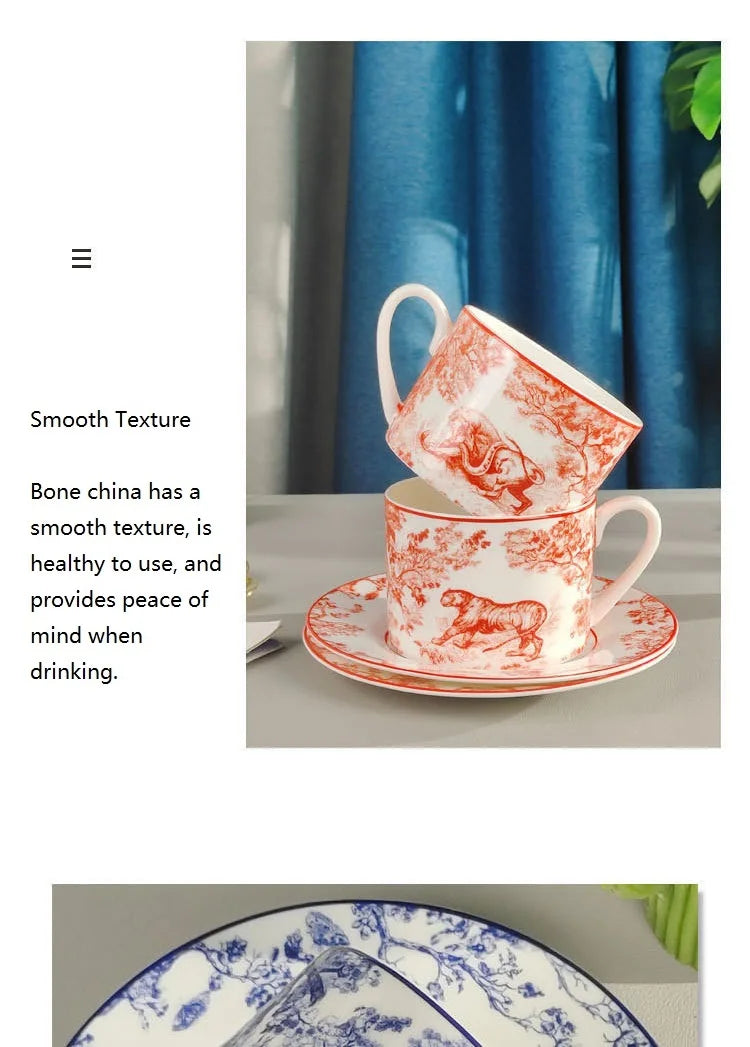 Red, Blue, Gray Tiger Series  Animal Images Bone Porcelain Coffee Cup Plate European Afternoon Tea Cup and Saucer Set Gift Box.