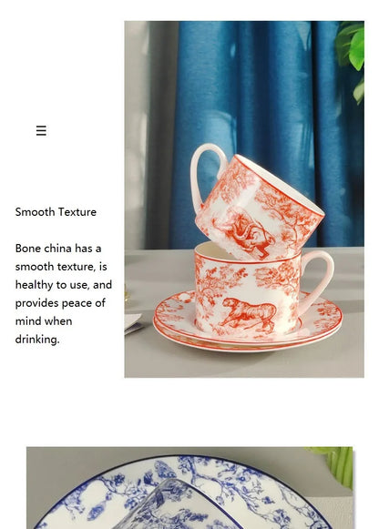 Red, Blue, Gray Tiger Series  Animal Images Bone Porcelain Coffee Cup Plate European Afternoon Tea Cup and Saucer Set Gift Box.
