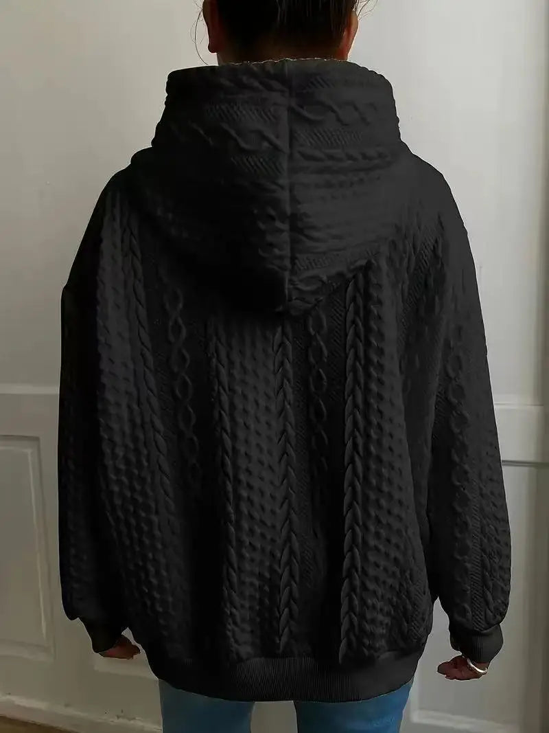 Große Größe Damen Langarm Loose Casual Twist Solid Color V-Ausschnitt Kapuzenpullover.