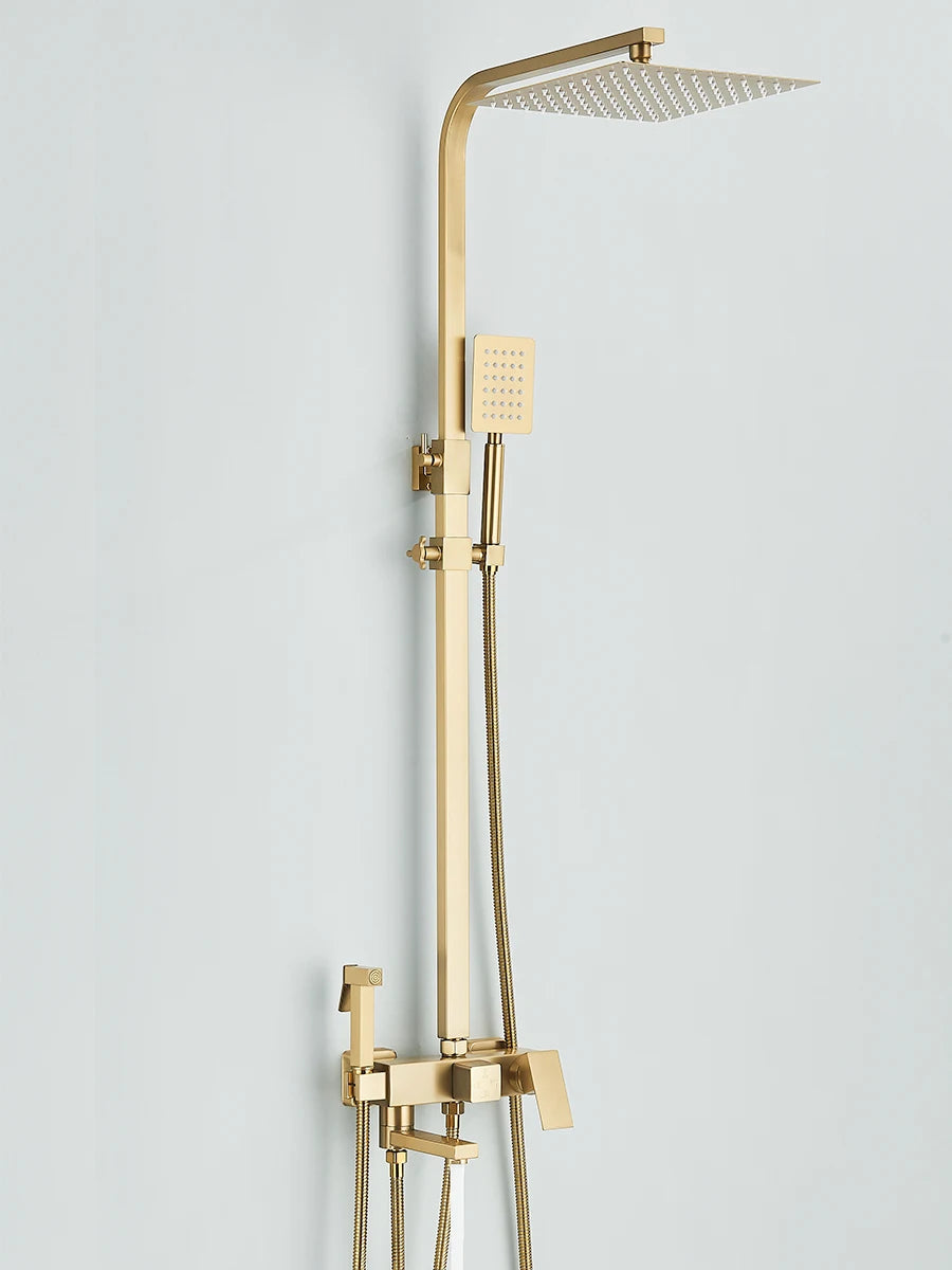 4 in 1 Gold Brushed Shower System Rainfall Shower Hot Cold Water Mixer With Bidet Faucet Bath Shower Faucet For Bathroom
