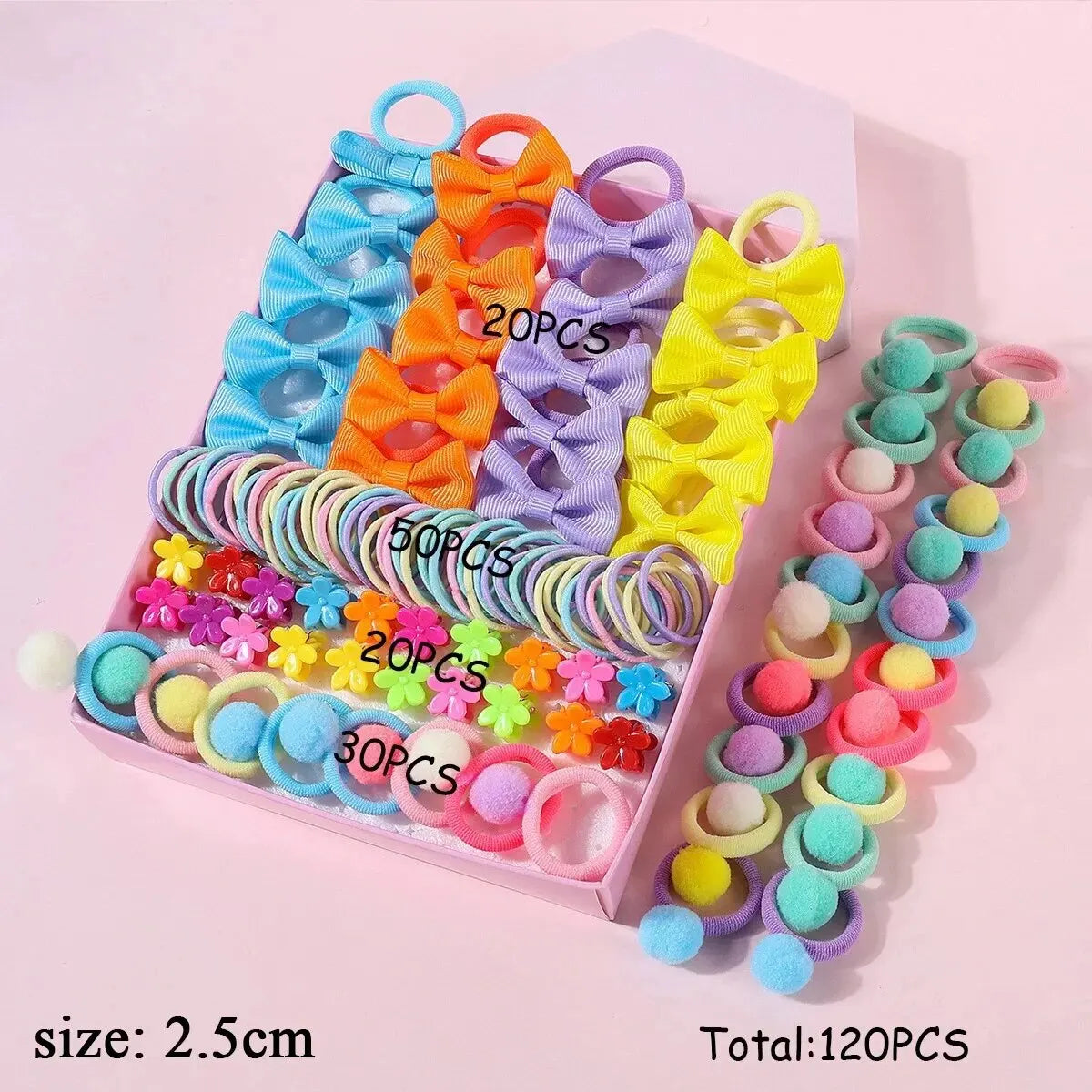 120PCS Hair Accessories Set For Girls Colorful Bowknot Hair Band Children Ponytail Holder Hair Ties Kids Elastic Rubber Bands.