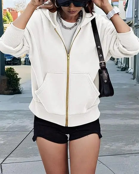 New Solid Color Zipper Splicing Hooded Coat, Women's Autumn Leisure Loose Sports Hooded Long Sleeve Coat Sweatshirt.