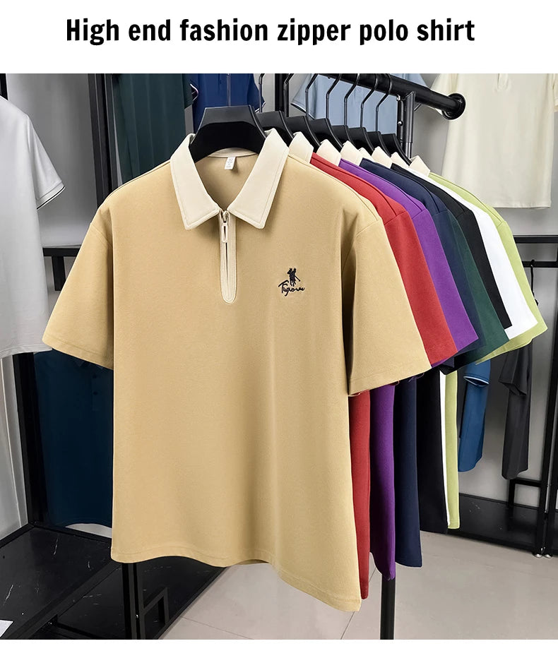 Luxury brand short sleeve polo shirt men's fashion Pony embroidered summer trendy breathable casual color blocked lapel T-shirt.