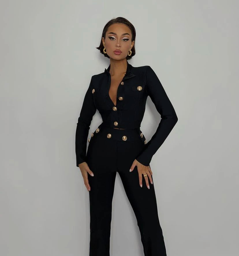 New Autumn Style Black Color Women Long Sleeve Button Rayon Bandage Coat Pants Fashion Women's Set High Street Celebrate Wear.