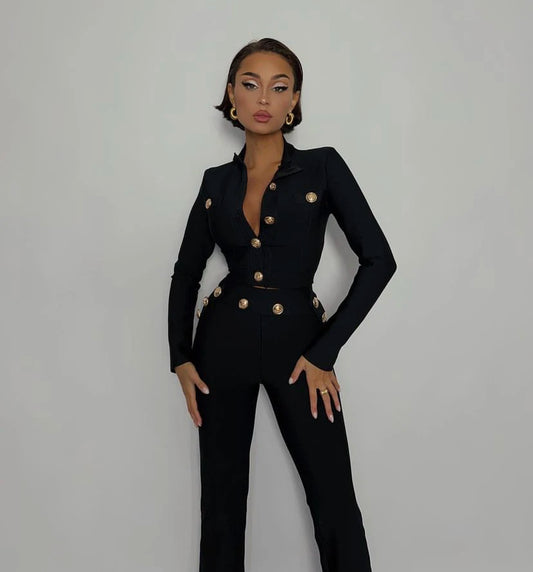 New Autumn Style Black Color Women Long Sleeve Button Rayon Bandage Coat Pants Fashion Women's Set High Street Celebrate Wear.