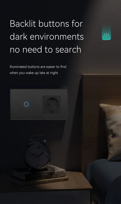 BSEED Touch-Schalter mit EU-Stromsteckdose, graue LED-Wandleuchte, 1/2/3 Gang, 1-Wege-Kristallglas-Panel, dunkelblaue Hintergrundbeleuchtung.