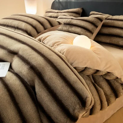 Winter Thick Warm Luxury Bedding Set Include Quilt Cover Sheet Pillowcase Solid Color Coral Velvet Soft Queen Duvet Cover Set.