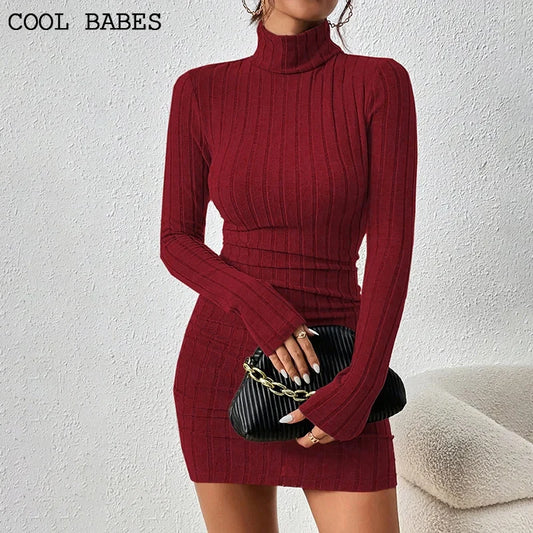 Neue Feste Kleid Frauen Elegante Party Herbst Winter Rollkragen Mit Langen Ärmeln Sexy Mantel Mini Kleider Bodycon Club Gestrickte Kleid