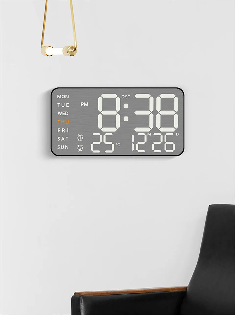 Wanduhr mit Spiegel-Bürsten-Finish, Premium-Gefühl, geräuschlos, Wanduhr, Tischwecker, Temperaturanzeige, Schlafzimmer, Büro, Wohnzimmer, Dekoration