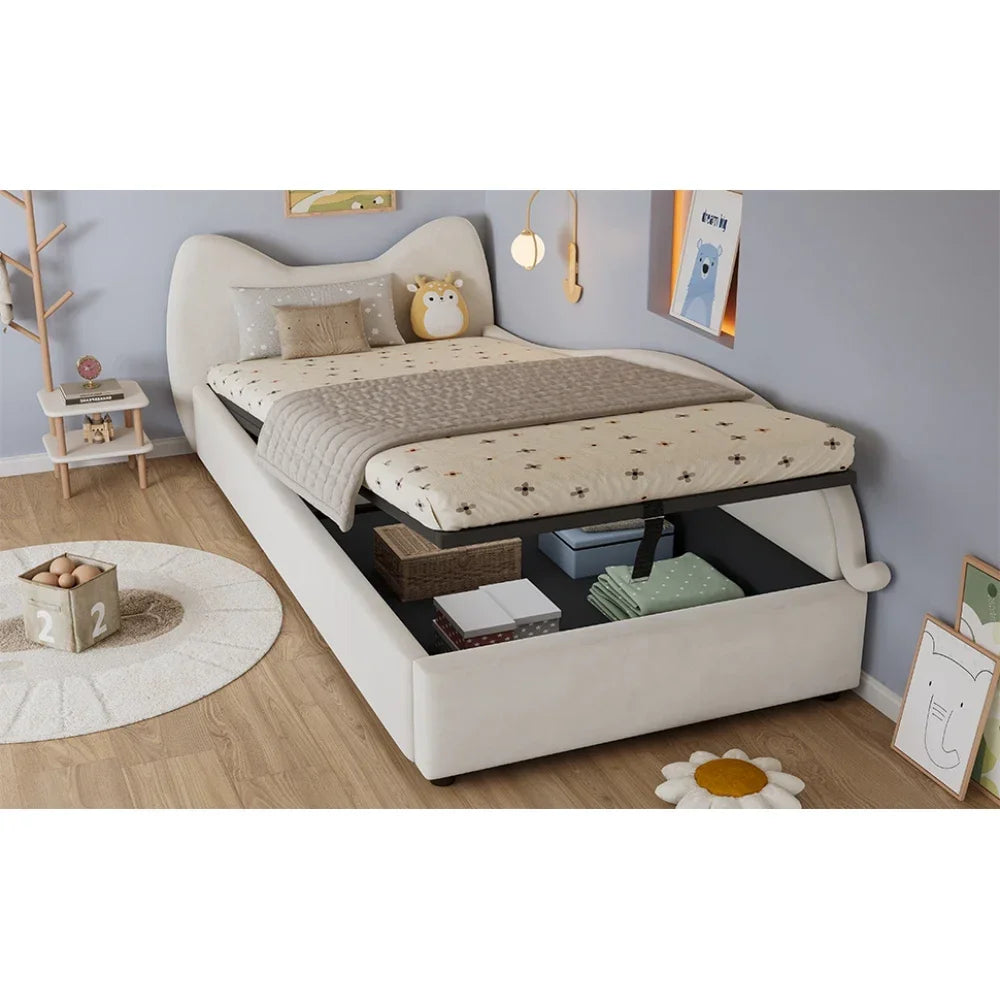 Polsterbett, Einzelbett, süßes Katzendesign, hydraulisches Bett mit Stauraum und Gürtelgriffen, stabiler Gitterrost, 90 x 200 cm