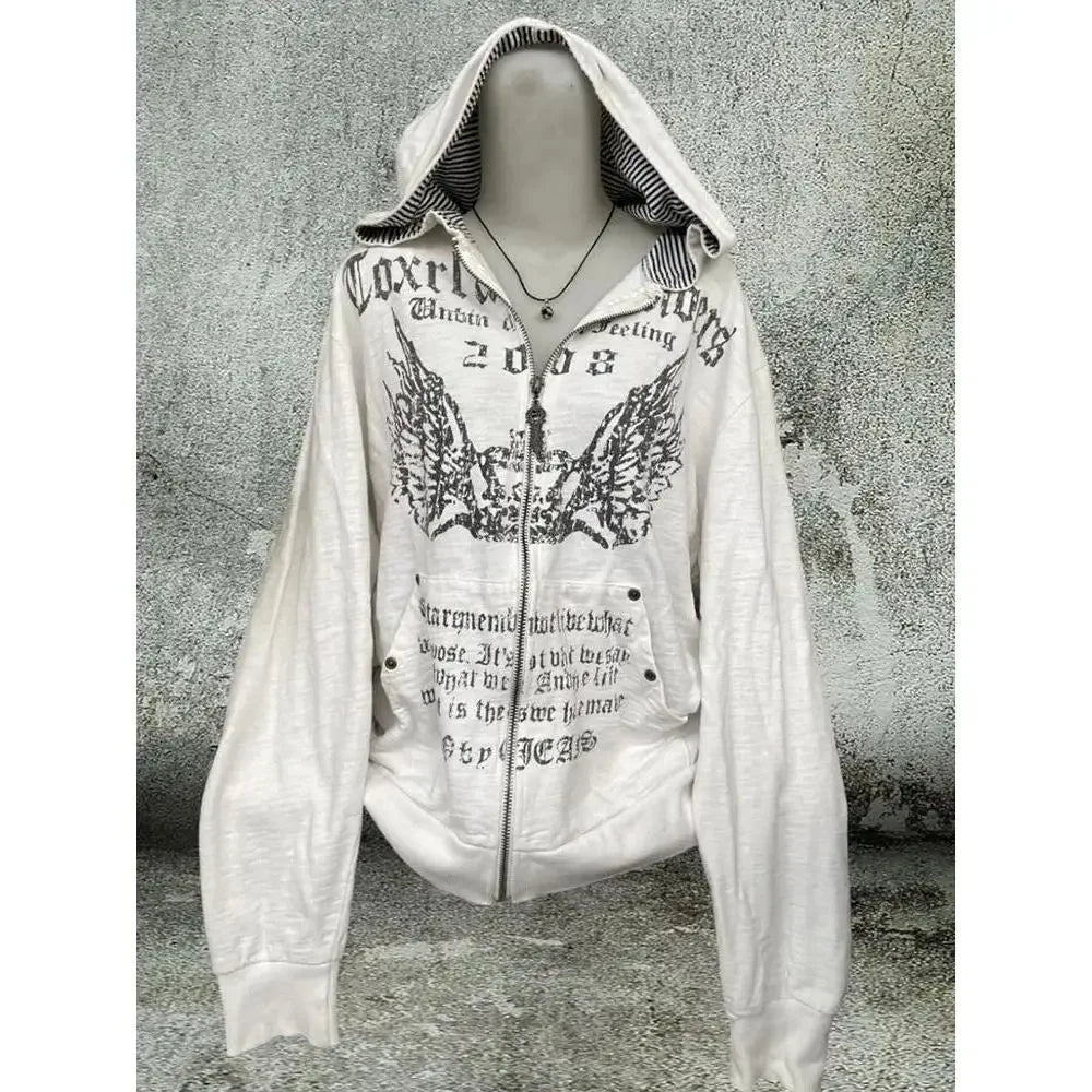 Vintage Sweatshirts 2025 Women's Clothes White Print Tunic Hooded Y2k Coat Streetwear Fashion Casual Hoodies Tops Ropa Mujer.