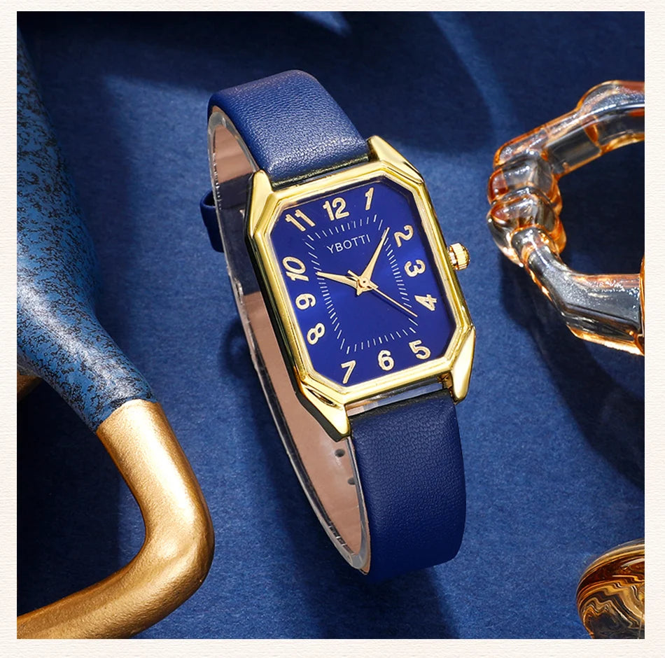 Luxury Fashion Square Women's Watches Brand Ladies Quartz Wristwatch Classic Simple Femme Blue Leather Band Relogio Feminino.
