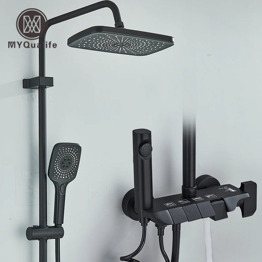 Black Piano Style Shower Set Intelligent Brass Bathroom Faucets Hot Cold Waterfall Tap Rainfall Shower System