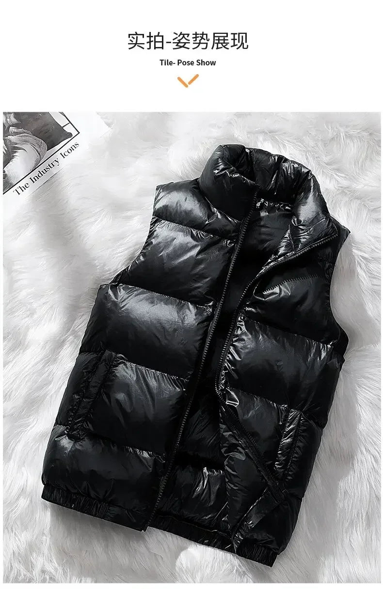 Vest Winter Hooded Glossy Cotton Vest Casual Waistcoat Men's Sleeveless Jacket Warm Overcoats Zipper Solid Color Mens Warm Vests.