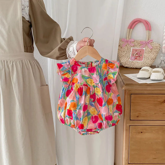 MILANCEL 2025, Sommerkleidung für Babys, Mädchen, Rüschenärmel, Kleinkind-Mädchen-Bodys, Tulpenmuster, Einteiler für Kleinkinder