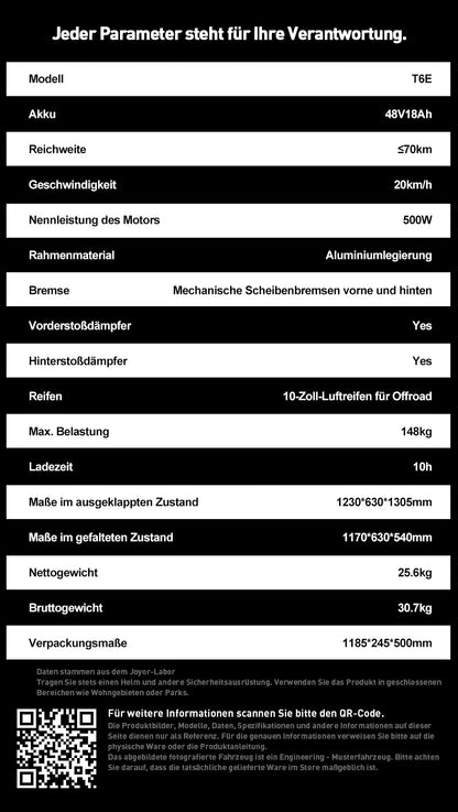 JOYOR T6E PRO (ABE) Adult Electric Scooter 500W Motor 48V26AH Battery E-Mountain Escooter 10" Off-Road Tire Foldable E-Scooter.