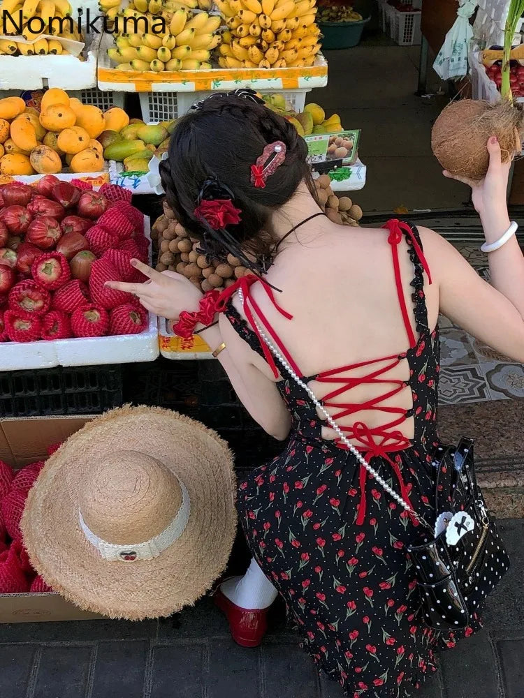 Koreanische Kleid Frauen Süße Bogen Bandage Ärmellose Backless Robe Femme Floral Mode Sommer Mini Kleider 2025, Vestidos De Mujer.