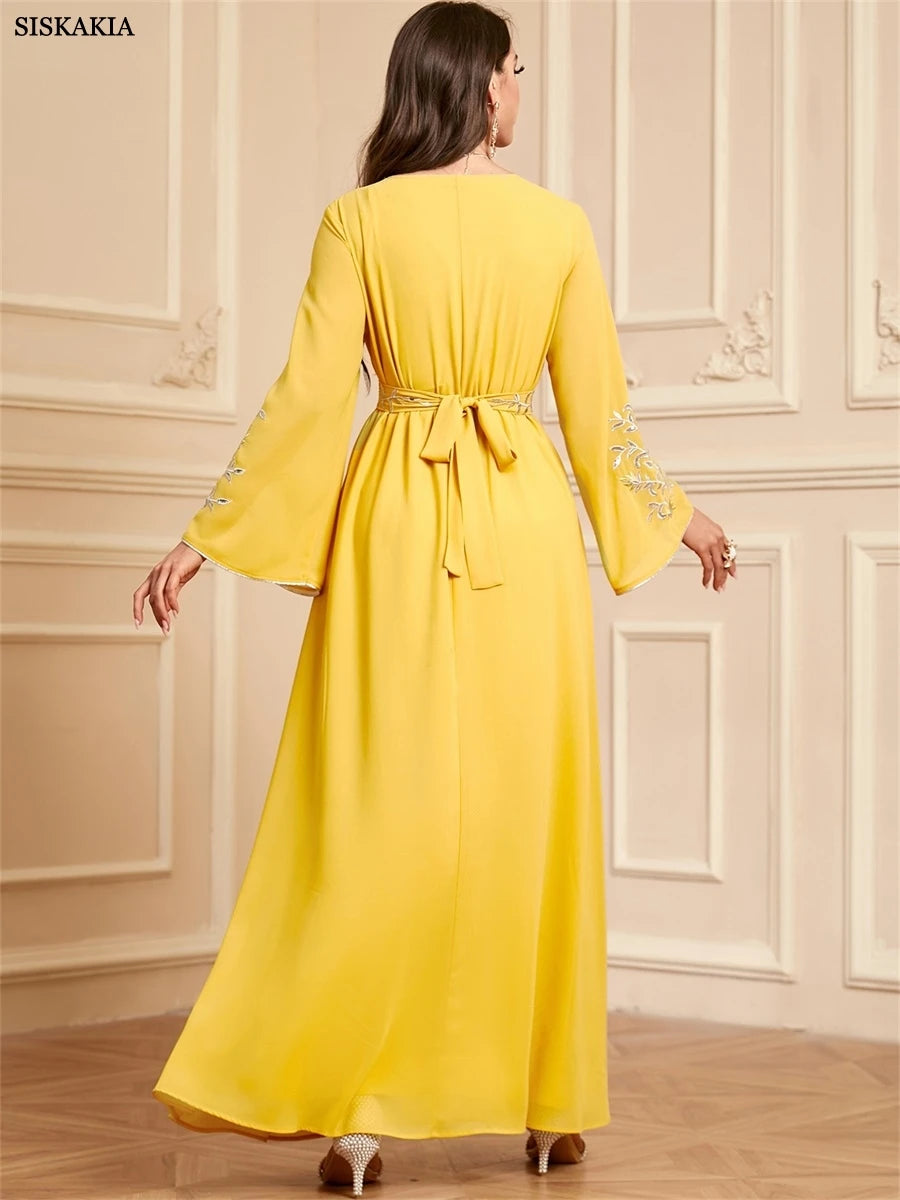 Siskakia Ramadan Muslim Woman’s Elegant Embroidery Abayas With Sashes Long Modest Dresses Women Loose Fashion Kebaya.