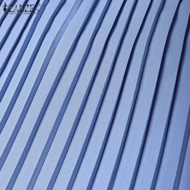 2025 ZANZEA Autumn Maxi Long Dress Women Elegant Long Sleeve Solid Pleated Sundress Patchwork Dresses Muslim Abaya Robe Femme