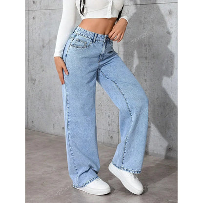 Fashionable Loose Women's Jeans High Waist Straight Leg Summer New Style Printed Trendy Cross-Border Denim Pants.