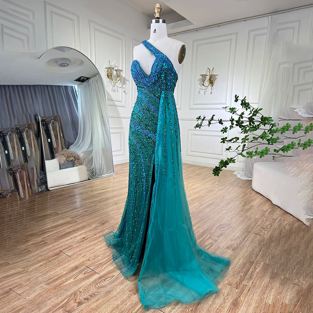Blau Grün Meerjungfrau Sexy High Split One Shoulder Perlen Lange Abendkleider Kleider Anpassen Hochzeit Party BLA72104 Serene Hill