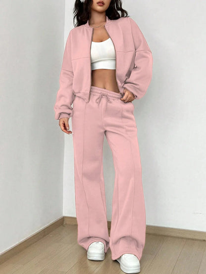 Autumn Winter New Cardigan Zipper Slim Two-piece Sets Women Casual Jakcet Coats Wide Leg Pant Set Fashion Female Clothing Suit.