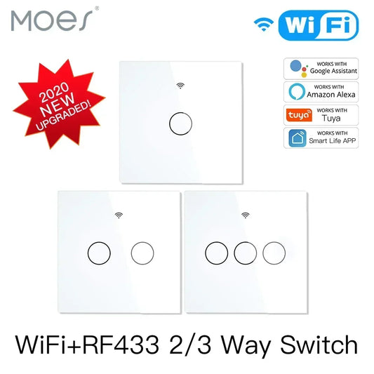 MOES NEU WiFi RF433 Smart Touch Switch 2/3 Way Smart Life/Tuya App-Steuerung, Alexa Google Home Sprachsteuerung 1/2/3 Gang EU.