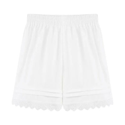 White Lace Trim Patchwork Casual Shorts for Women's High Waisted Wide Leg Vacation Beach Pants Loose Thin Bottoms Home Shorts.