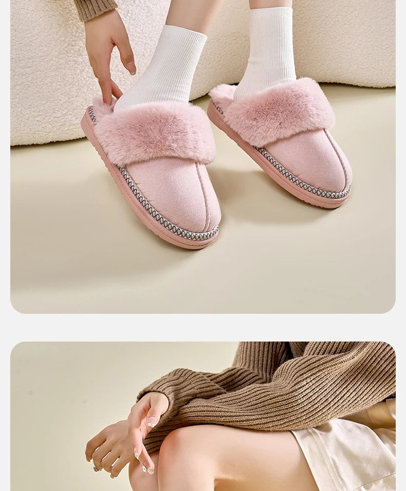Litfun Women's Warm Fuzzy Slippers Winter New Fur Collar Indoor Plush Flat Slides Fluffy Women Cotton Shoes Furry House Slippers.