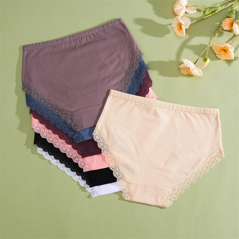 FINETOO 5Pcs Women Cotton Lace Underwear Sexy Seamless Breathable Panties Plus Size Mid-Waist Briefs Female Solid Soft Lingerie.