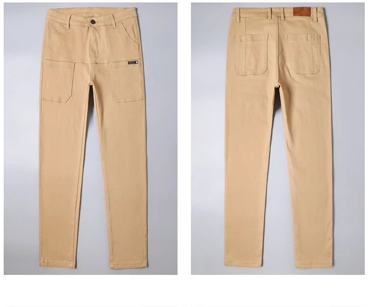 Spring and Autumn Men's Multi-Pocket Design Jeans Fashionable and Versatile White Khaki Red Comfortable Stretch Denim Pants
