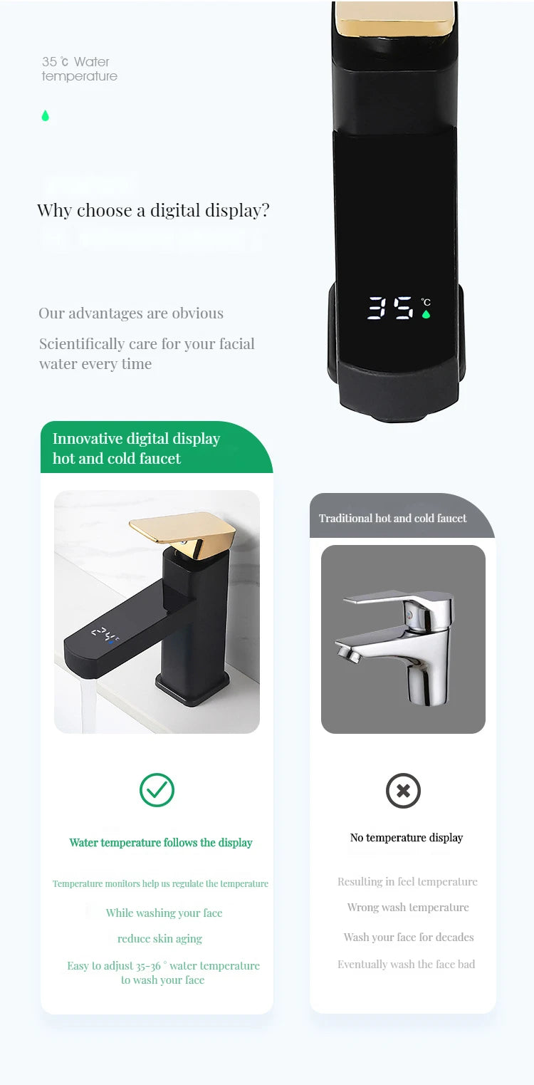 Digital Basin Faucets Smart Bathroom Faucet Shower Room Taps Water Temperature LED Black White Sink Tap Rotating Stainless Steel
