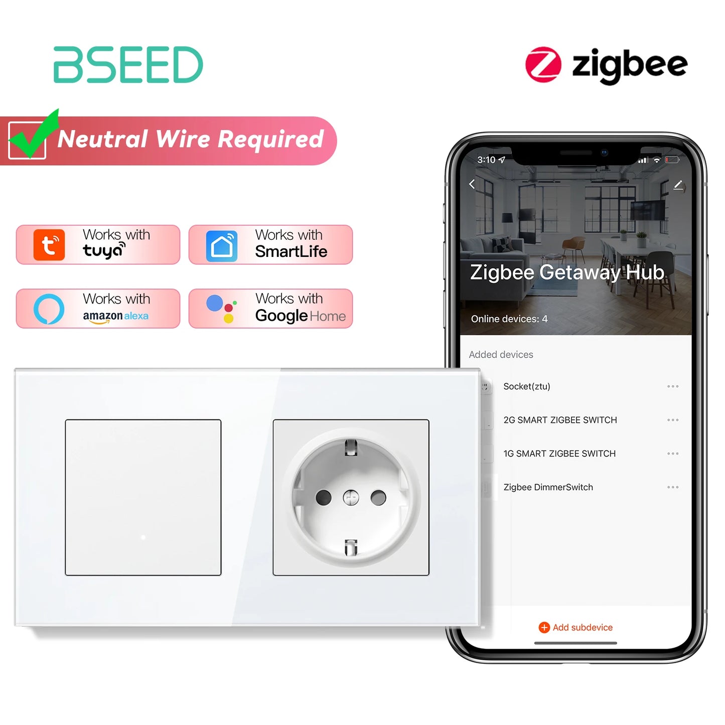 BSEED Zigbee Click Wandschalter Serie Intelligente Lichtschalter Gelbe Hintergrundbeleuchtung Glasrahmen Tuya-Schalter EU-Wandsteckdose USBC-Anschluss.