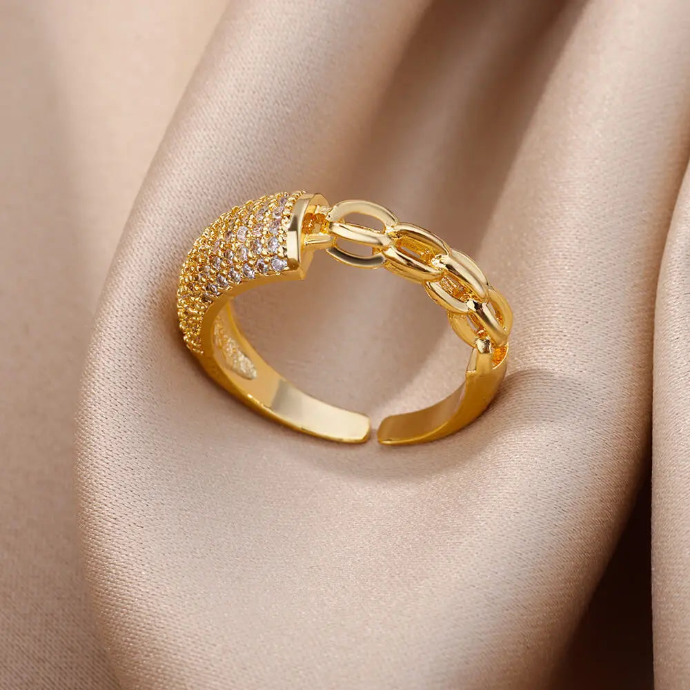 Gold Plated Stainless Steel Crystal Rings For Women Chain Geometry Zircon Finger Ring Jewelry Gift anillos mujer 2025 New Trendy.